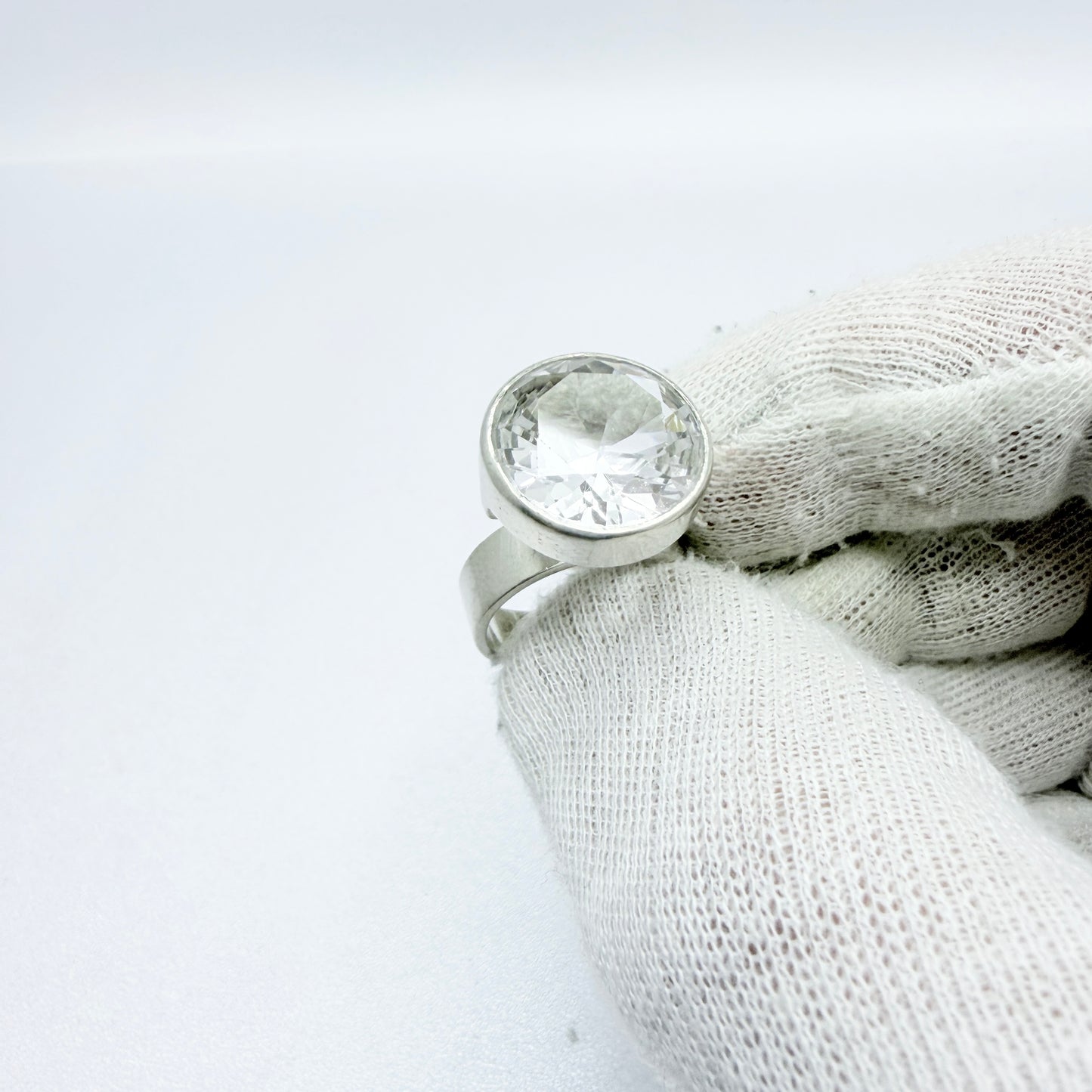 Cecilia Johansson, Sweden 1964. Vintage Modernist Sterling Silver Rock Crystal Ring. Signed.