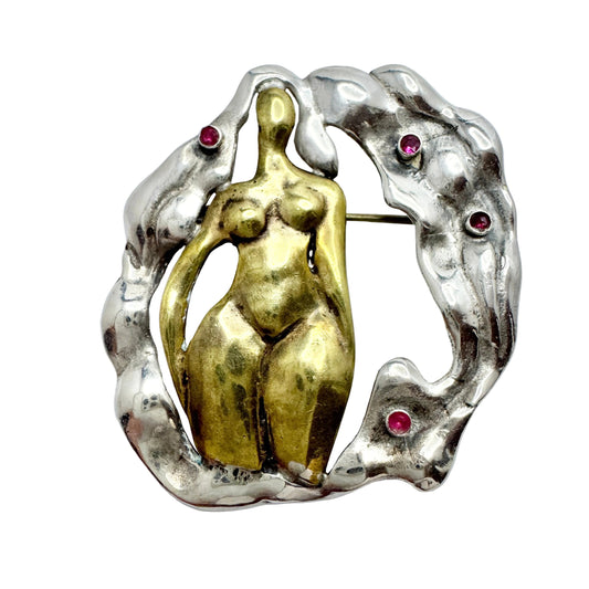 Vintage Sterling Silver Mixed Metal Ruby Brooch. Prob. Greece.