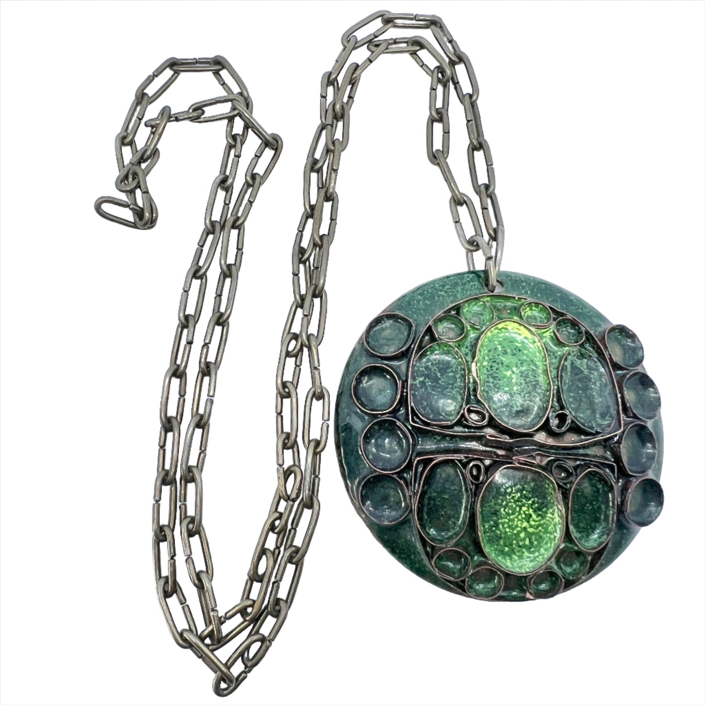 Anja Mäkinen, Finland 1970s. Large Vintage Green Enamel Copper Pendant Necklace.