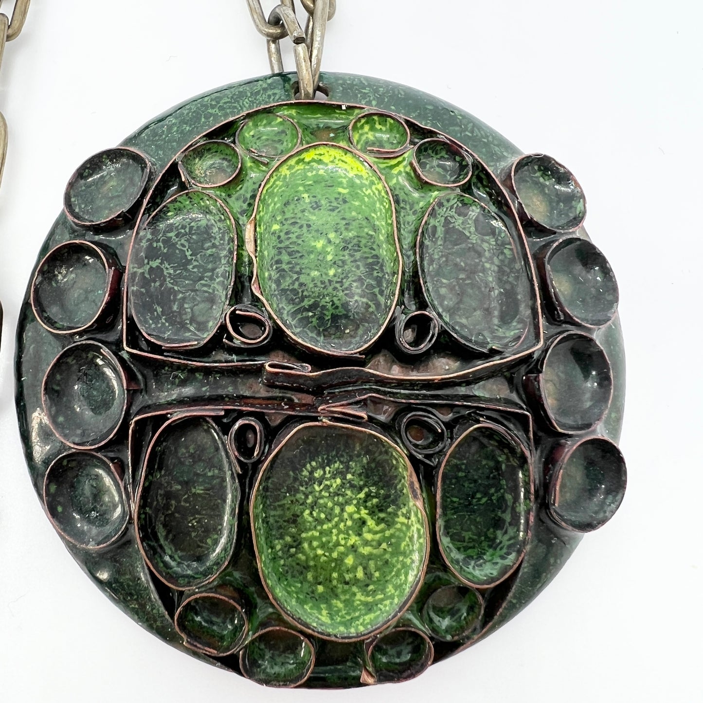 Anja Mäkinen, Finland 1970s. Large Vintage Green Enamel Copper Pendant Necklace.