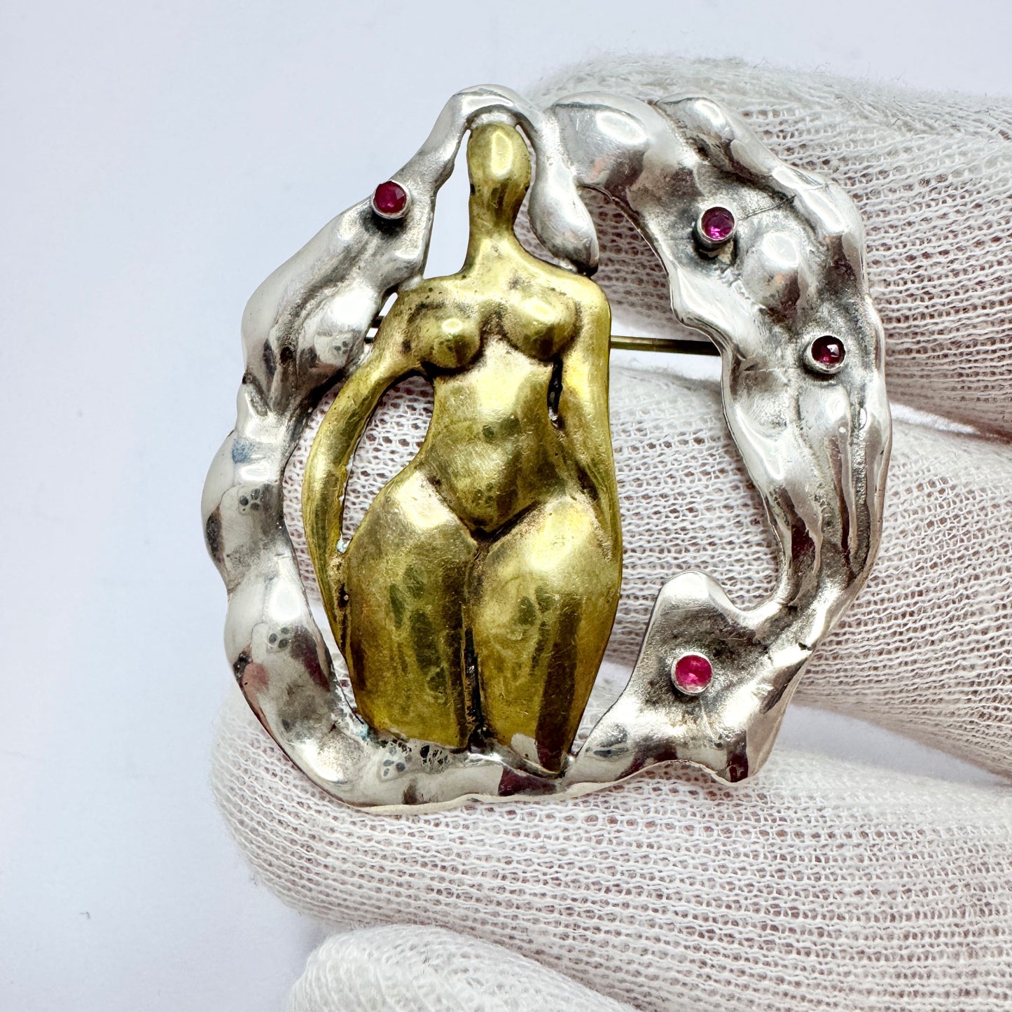 Vintage Sterling Silver Mixed Metal Ruby Brooch. Prob. Greece.