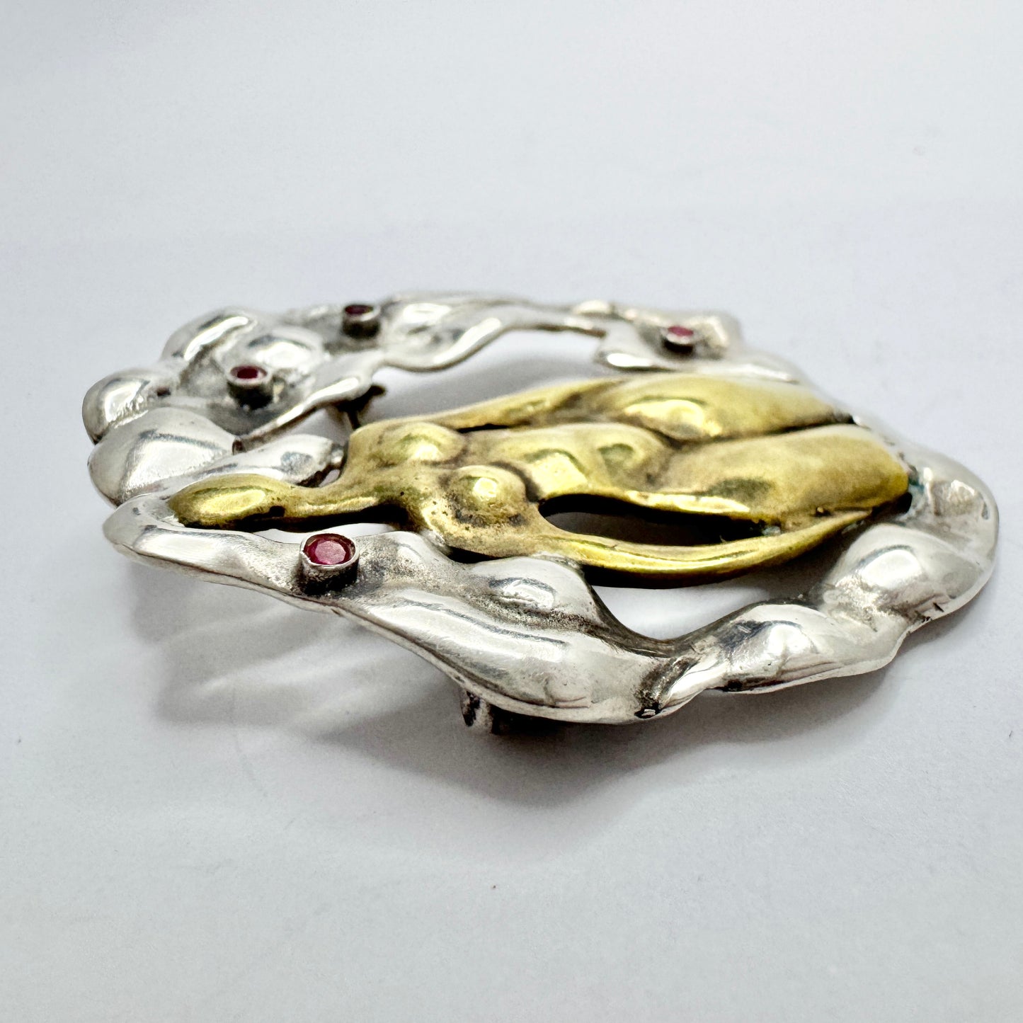 Vintage Sterling Silver Mixed Metal Ruby Brooch. Prob. Greece.