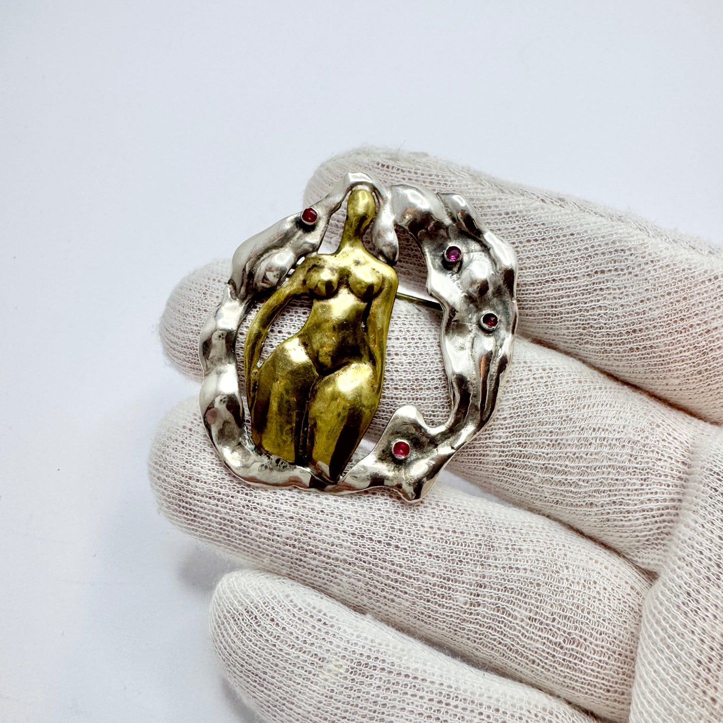 Vintage Sterling Silver Mixed Metal Ruby Brooch. Prob. Greece.