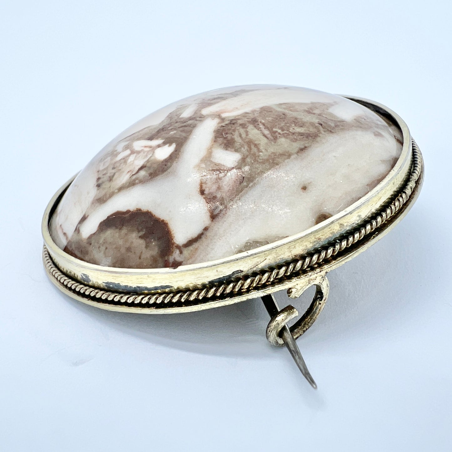 Sweden 1875, Large Antique Victorian Solid Silver Marble Brooch
