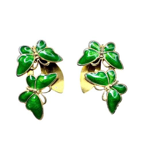 Volmer Bahner, Denmark. Vintage Sterling Silver Green Enamel Butterflies Clip-on Earrings