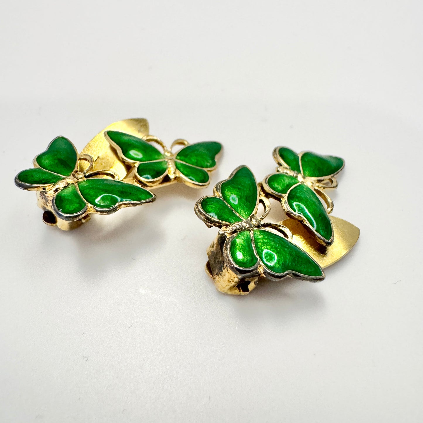 Volmer Bahner, Denmark. Vintage Sterling Silver Green Enamel Butterflies Clip-on Earrings