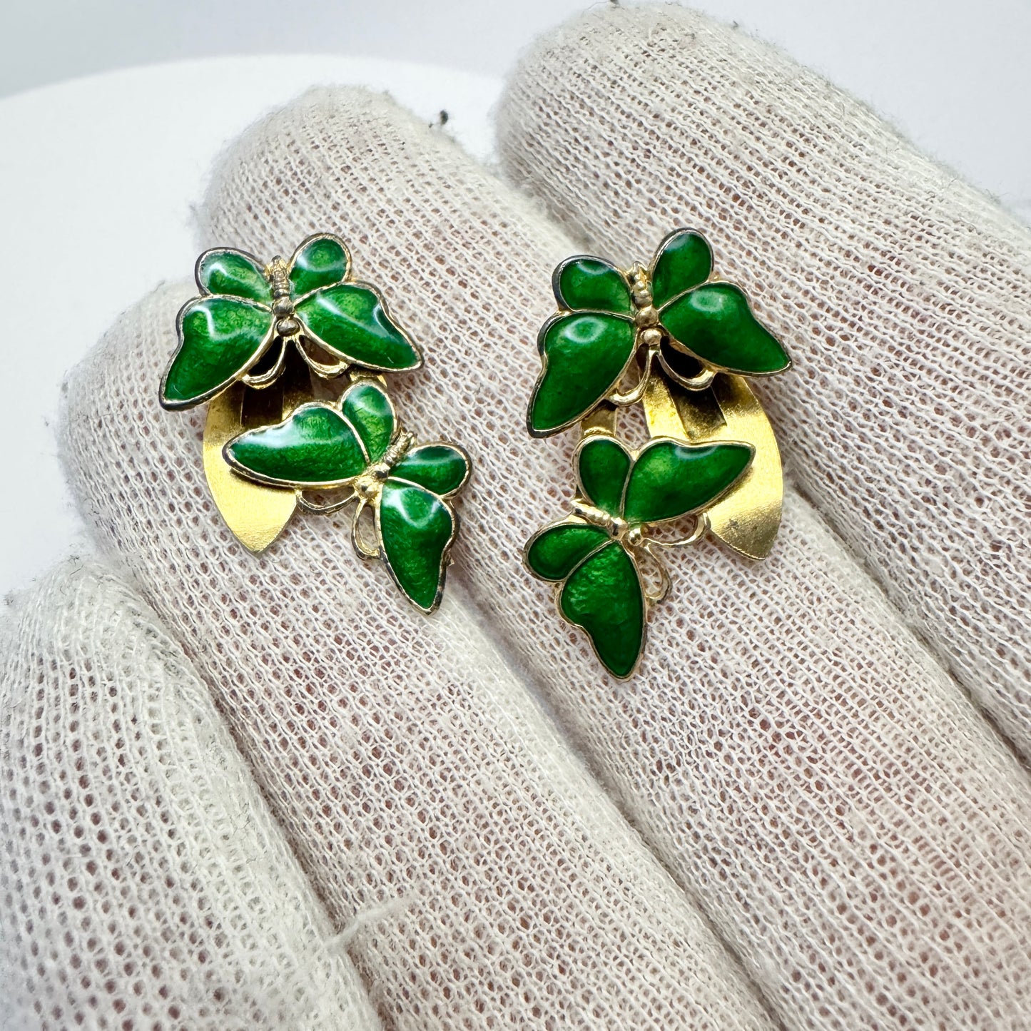 Volmer Bahner, Denmark. Vintage Sterling Silver Green Enamel Butterflies Clip-on Earrings