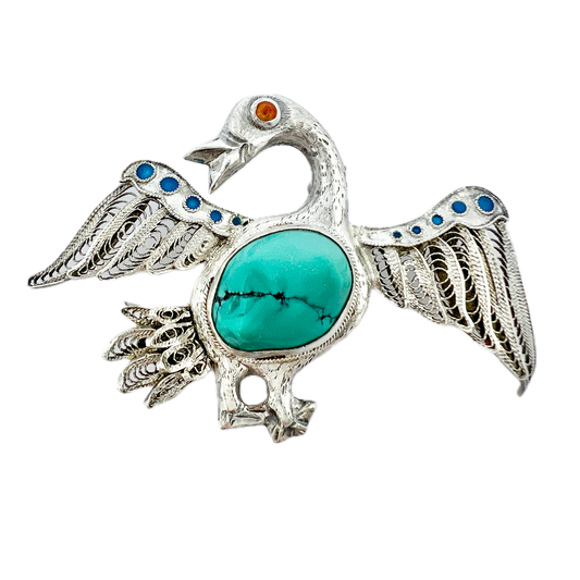 China. Vintage Solid Silver Turquoise Enamel Filigree Bird Brooch.