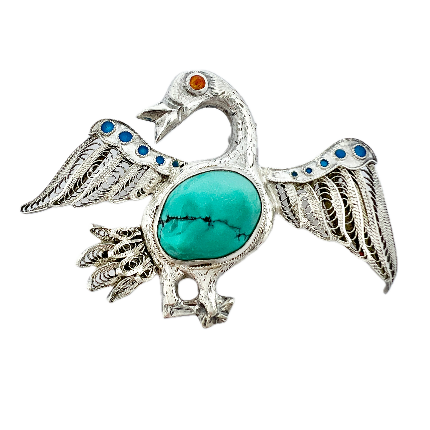 China. Vintage Solid Silver Turquoise Enamel Filigree Bird Brooch.