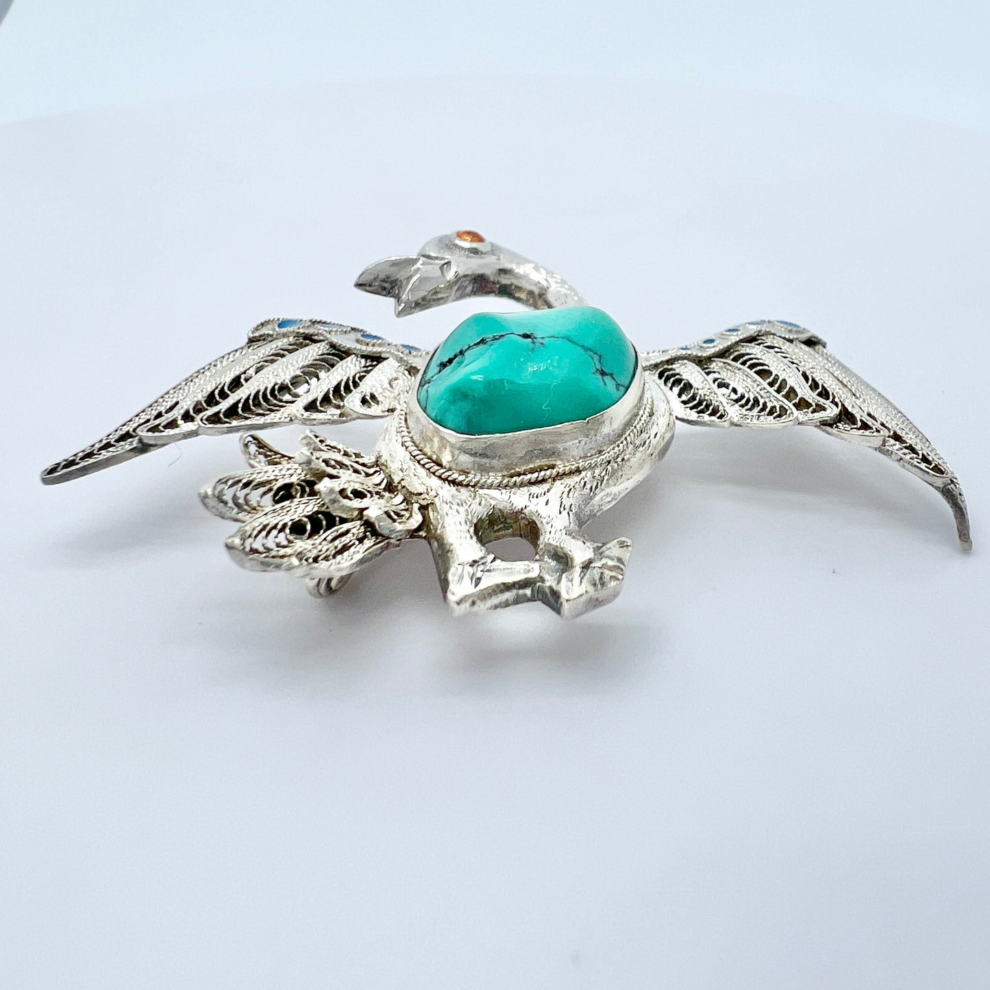 China. Vintage Solid Silver Turquoise Enamel Filigree Bird Brooch.