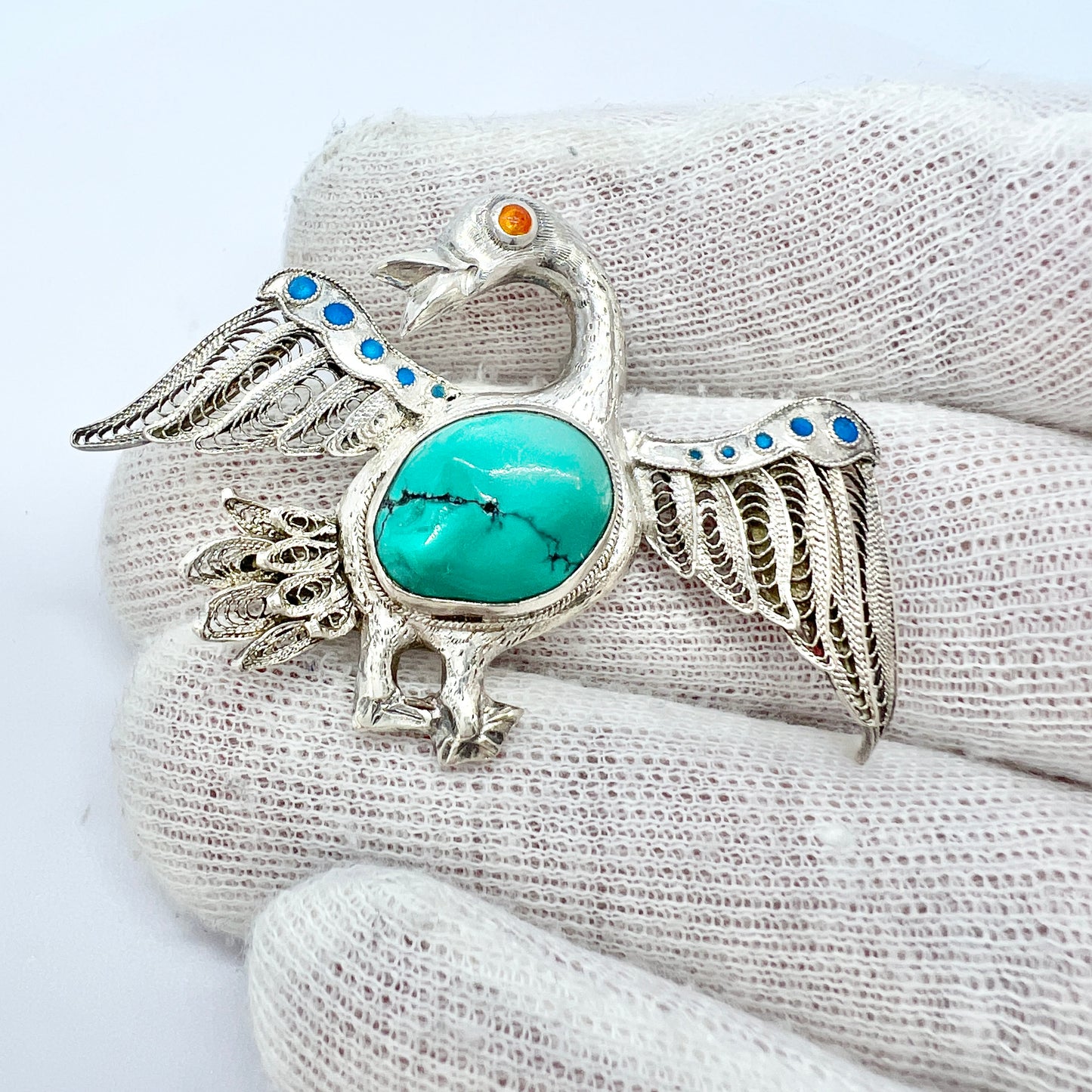 China. Vintage Solid Silver Turquoise Enamel Filigree Bird Brooch.