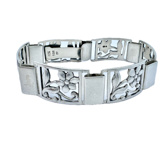 Maker RR, Denmark Vintage 830 Silver Floral Panel Bracelet. Design no 309.