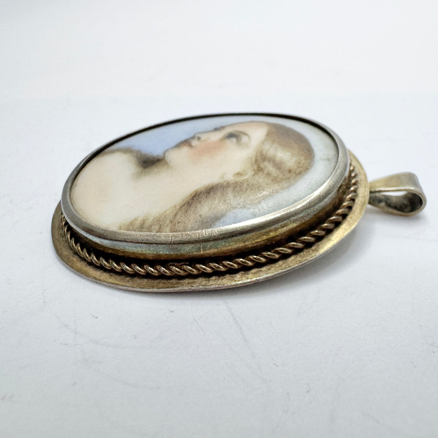 Stark & Svensson, Sweden 1941. Vintage Solid Silver Painted Porcelain Pendant.