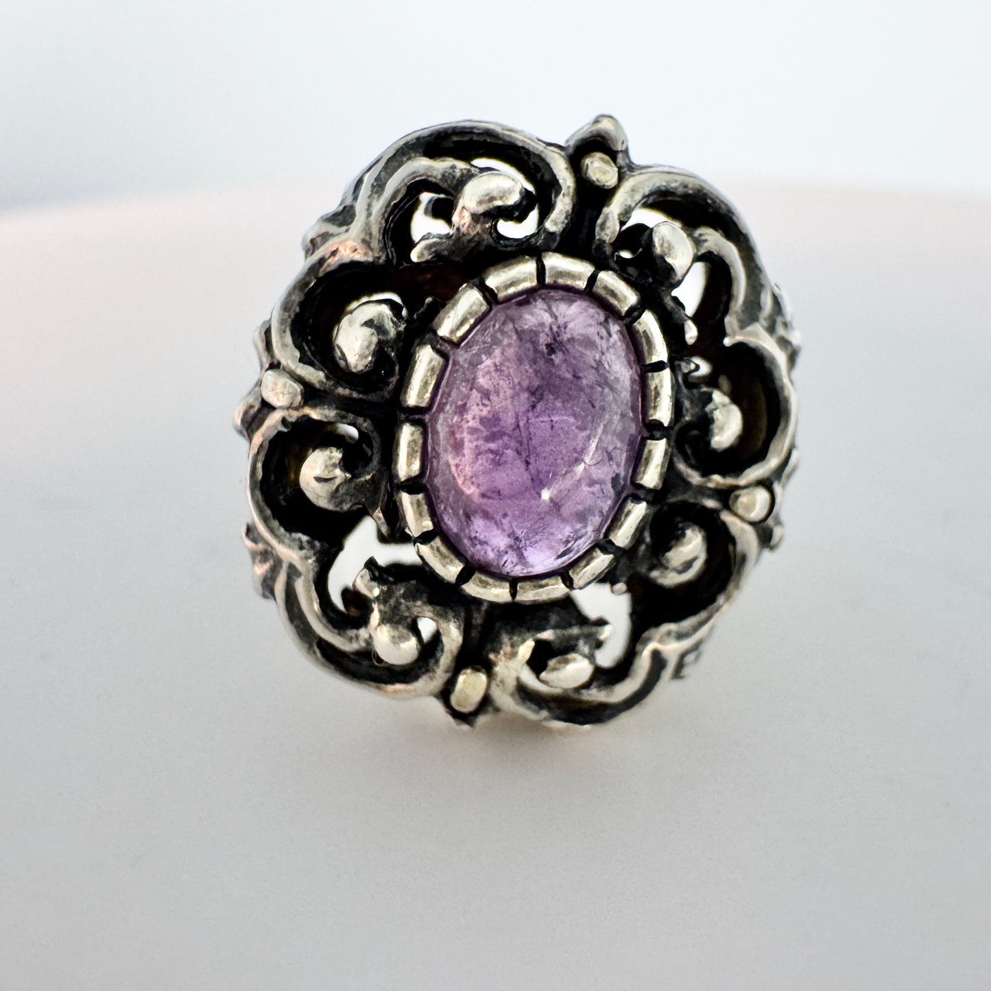 Vintage c 1940s. Solid Silver Amethyst Openwork Ring. Prob. Hungary.