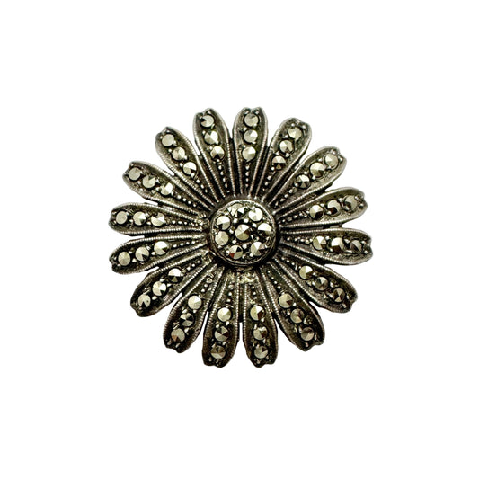 Sweden. Vintage 1940s. Solid Silver Marcasite Flower Brooch.