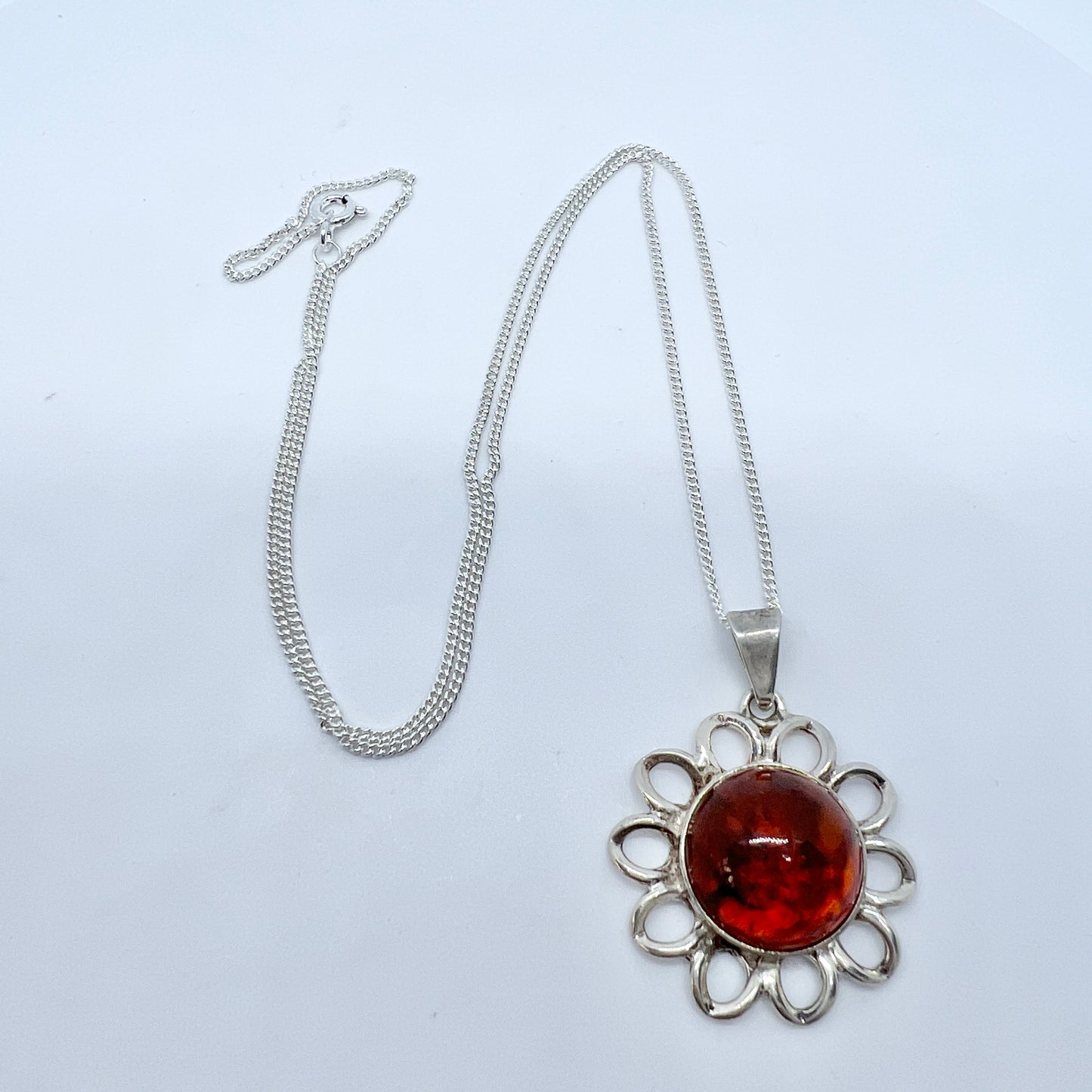 Sweden 1976 Vintage Sterling Silver Amber Pendant + Chain.