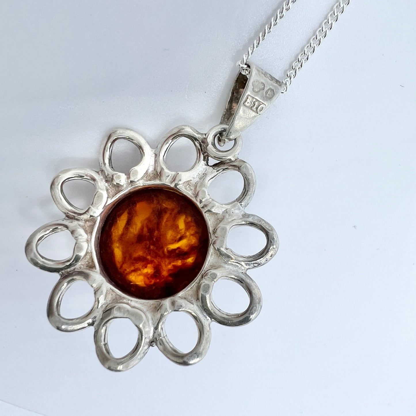 Sweden 1976 Vintage Sterling Silver Amber Pendant + Chain.