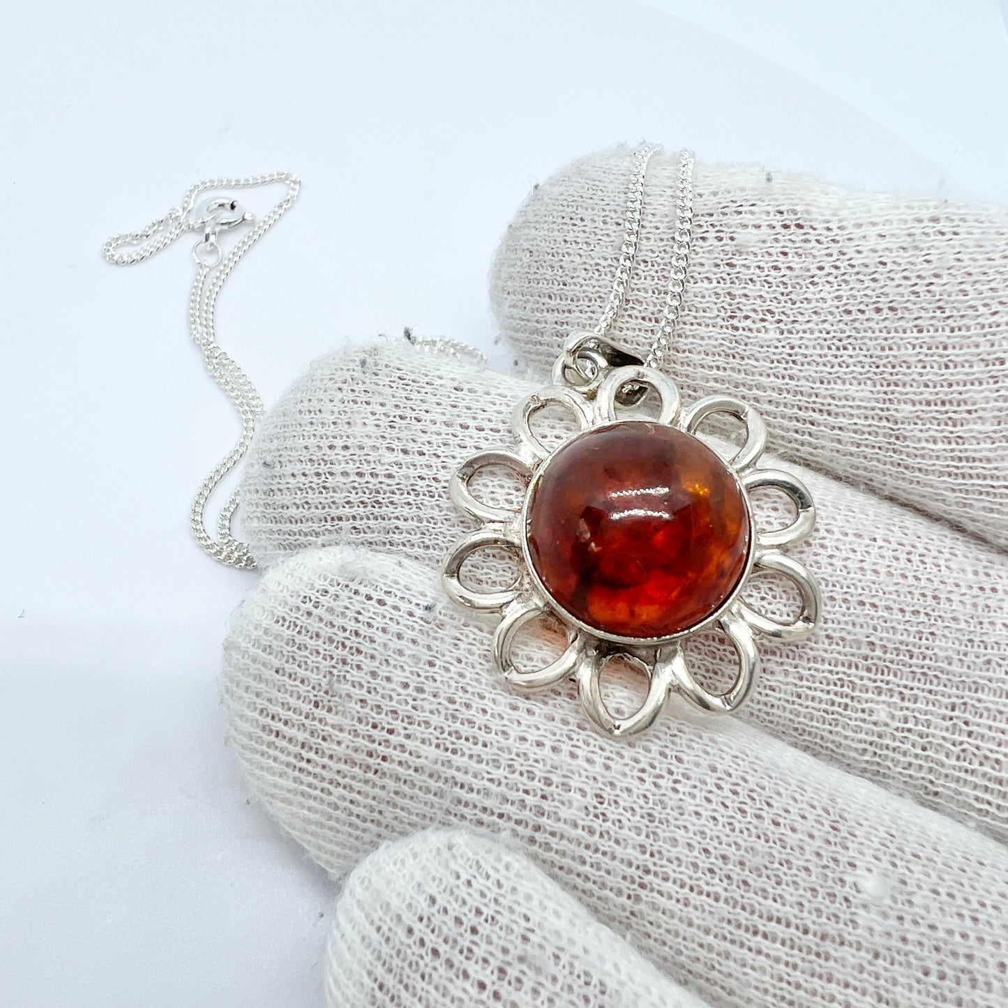 Sweden 1976 Vintage Sterling Silver Amber Pendant + Chain.