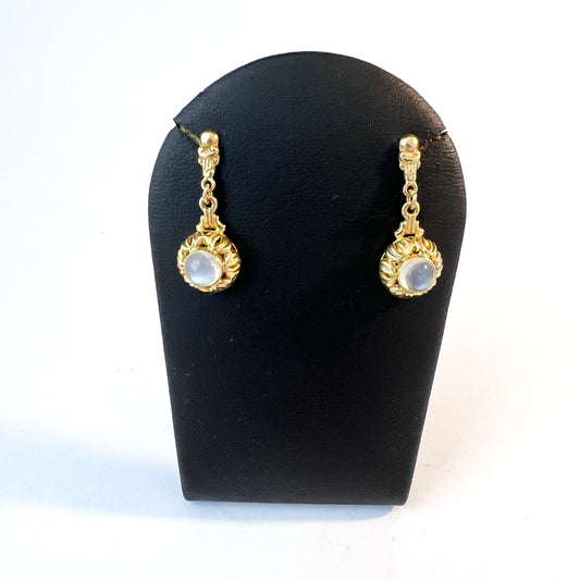 Vintage Mid-century 18k Gold Moonstone Earrings.