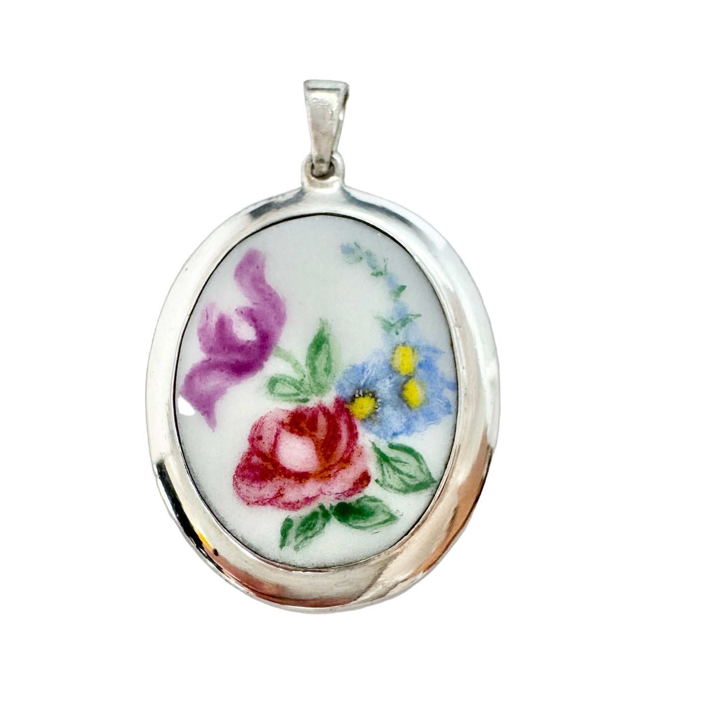 Veljekset Salonen, Finland 1959. Vintage Solid Silver Painted Porcelain Flower Pendant.