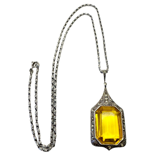Kollmar & Jourdan, Germany Vintage Art Deco Solid Silver Citrine Marcasite Pendant Necklace