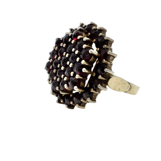Vintage ca 1940s. Gilt 830 Silver Bohemian Garnet Cluster Ring.
