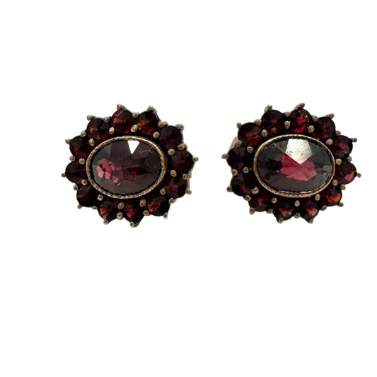 Vintage c 1940s. Gilt 830 Silver Bohemian Garnet Cluster Earrings.