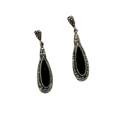 Sweden 1940s. Vintage Solid Silver Onyx Marcasite Dangle Earrings.