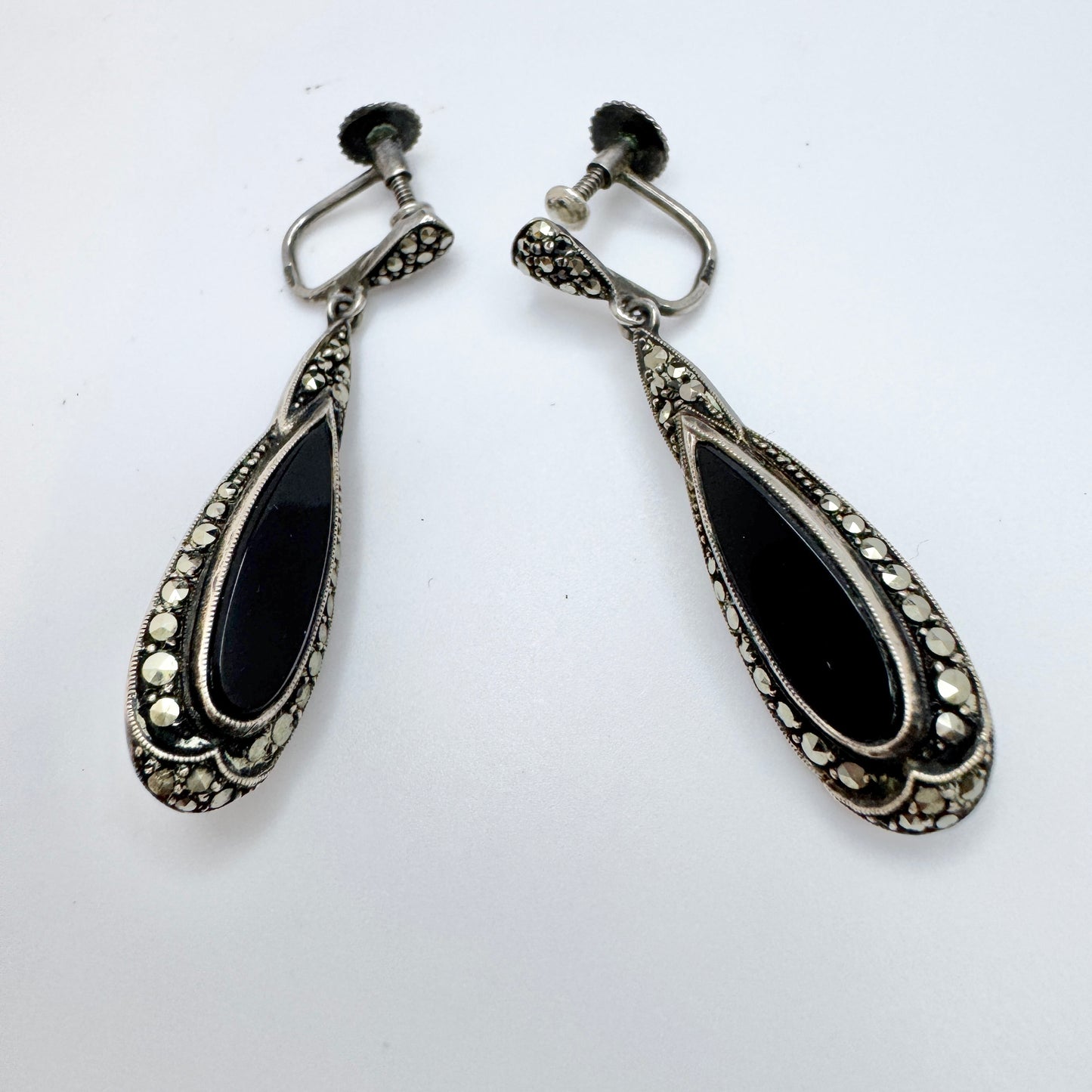 Sweden 1940s. Vintage Solid Silver Onyx Marcasite Dangle Earrings.