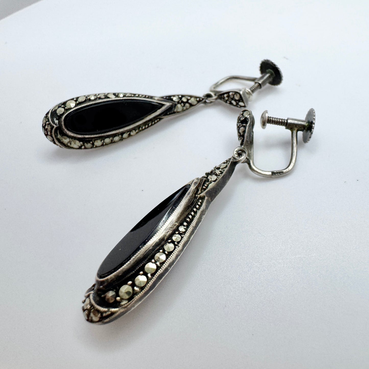 Sweden 1940s. Vintage Solid Silver Onyx Marcasite Dangle Earrings.