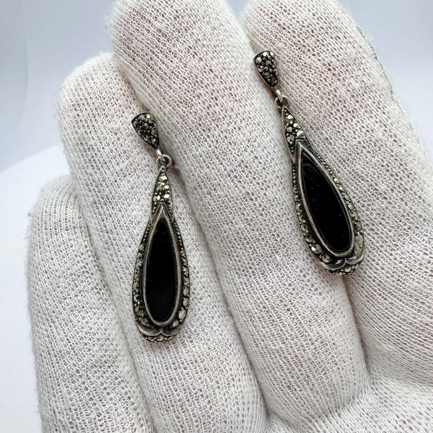 Sweden 1940s. Vintage Solid Silver Onyx Marcasite Dangle Earrings.