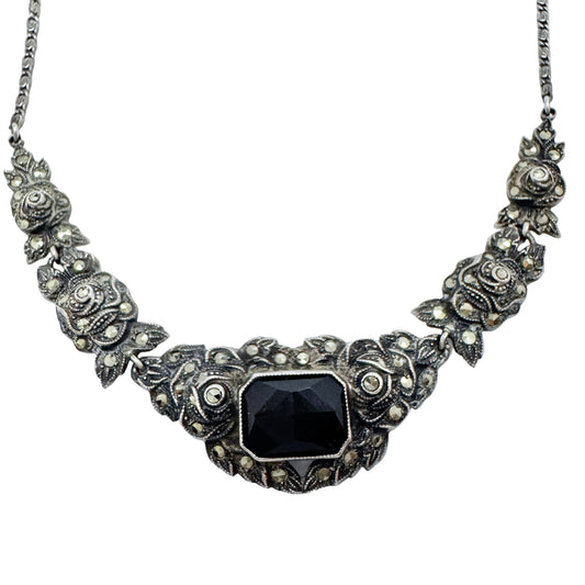 Sweden 1940s. Vintage Solid Silver Onyx Marcasite Necklace.