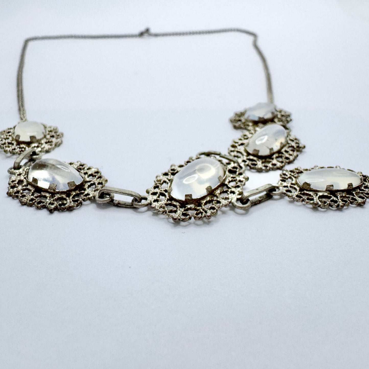 Early to Mid 1900s. Solid Silver Moonstone Necklace.
