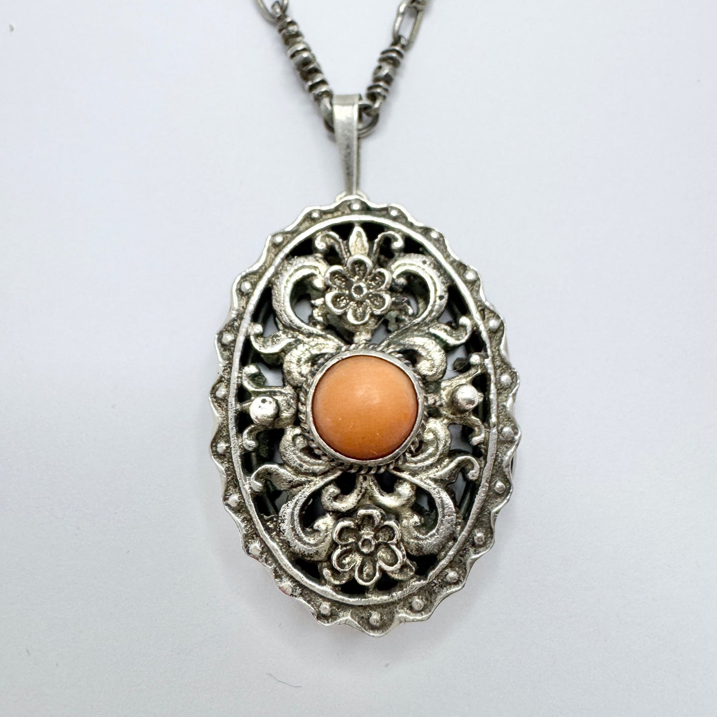 Antique Edwardian Solid Silver Coral Locket Pendant Necklace. Prob. France.