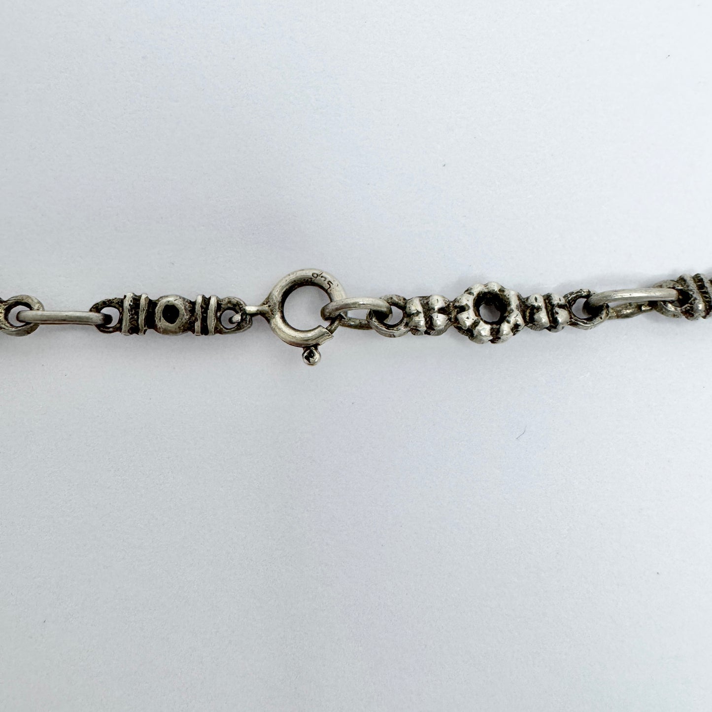 Antique Edwardian Solid Silver Coral Locket Pendant Necklace. Prob. France.