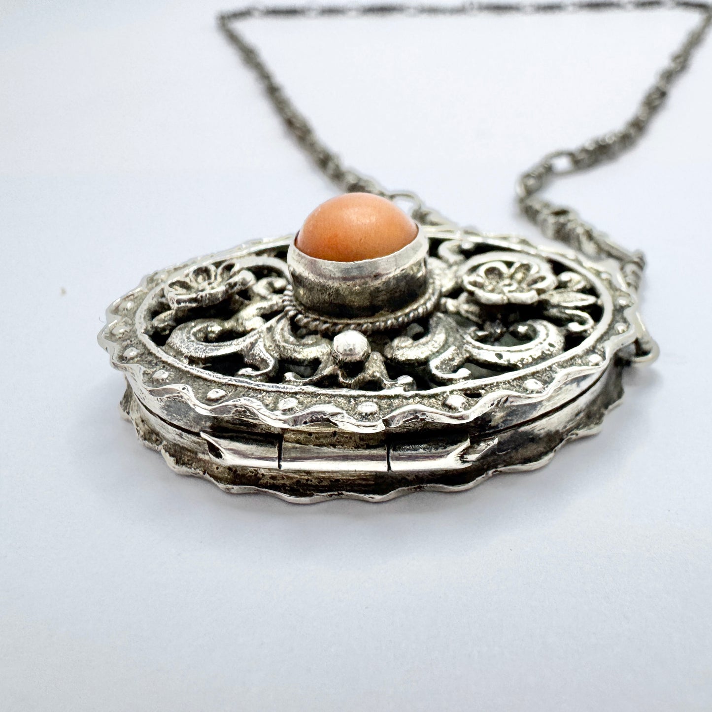 Antique Edwardian Solid Silver Coral Locket Pendant Necklace. Prob. France.