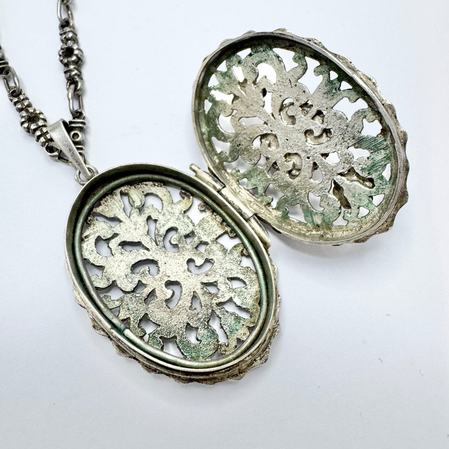 Antique Edwardian Solid Silver Coral Locket Pendant Necklace. Prob. France.