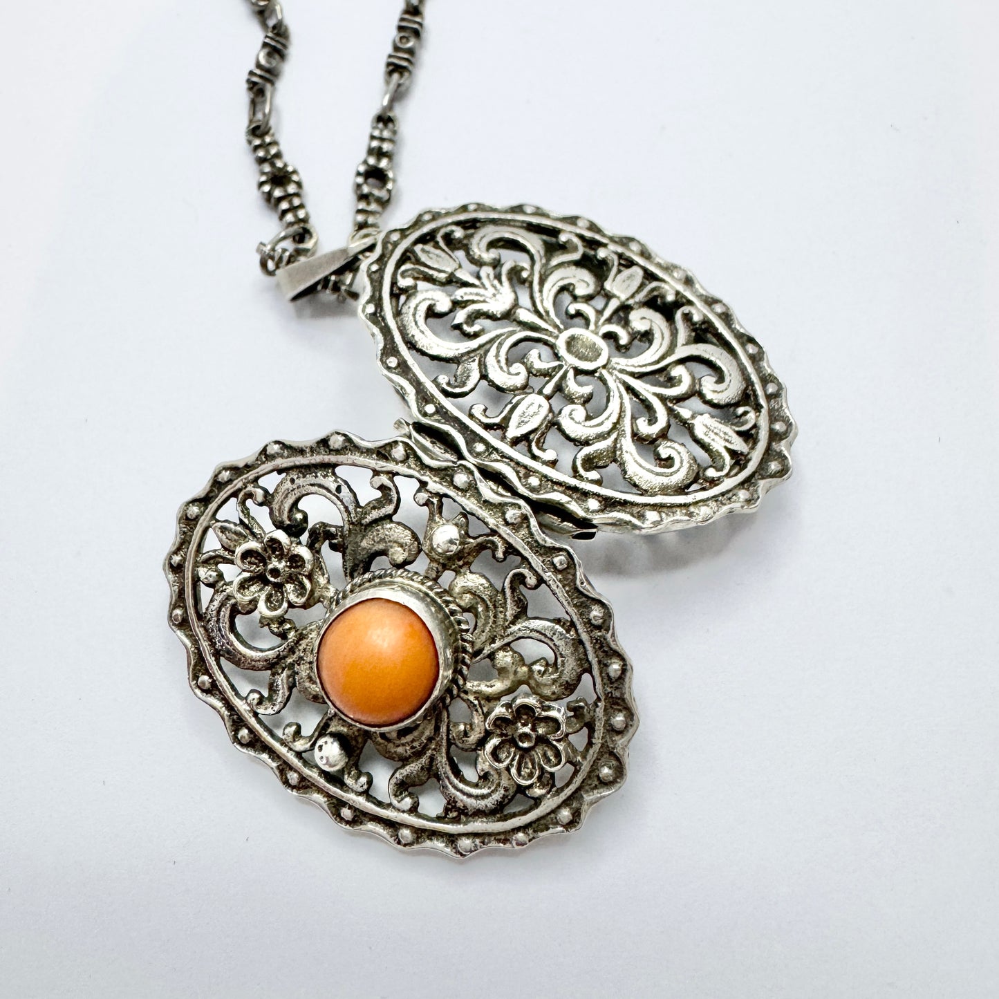 Antique Edwardian Solid Silver Coral Locket Pendant Necklace. Prob. France.
