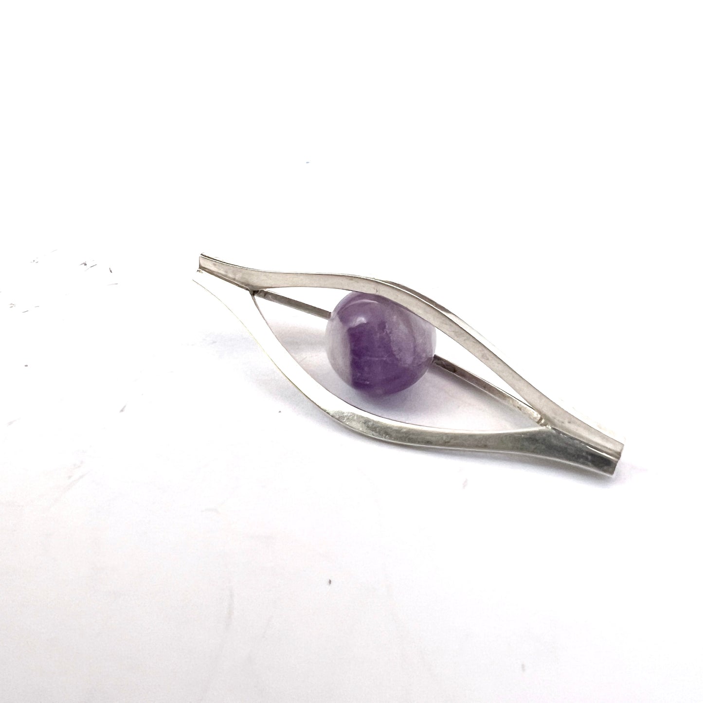 Elis Kauppi, Kupittaan Kulta Finland 1962. Solid Silver Caged Amethyst Ball Pendant.