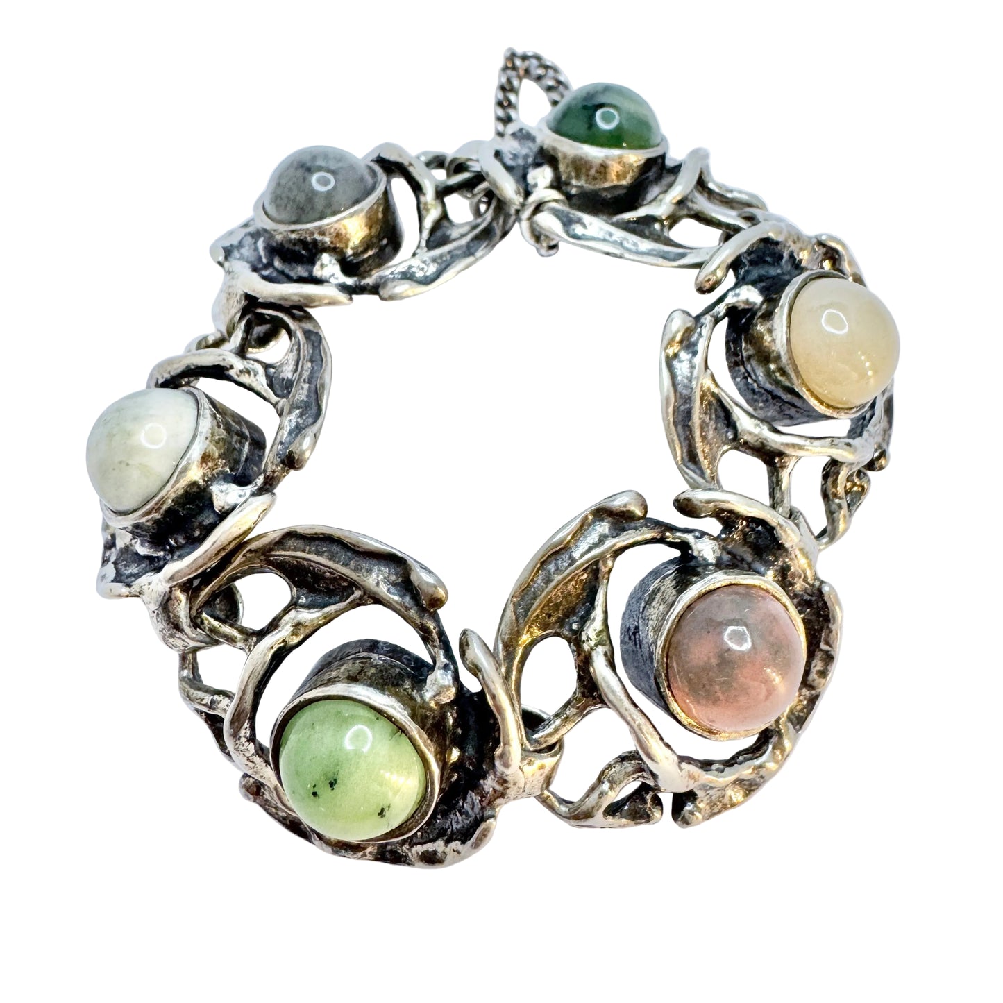 Monika and Burkhard Oly, Germany. Vintage Modernist Brutalist Solid Silver Multi Stone Bracelet