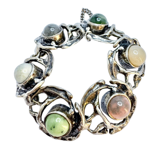 Monika and Burkhard Oly, Germany. Vintage Modernist Brutalist Solid Silver Multi Stone Bracelet