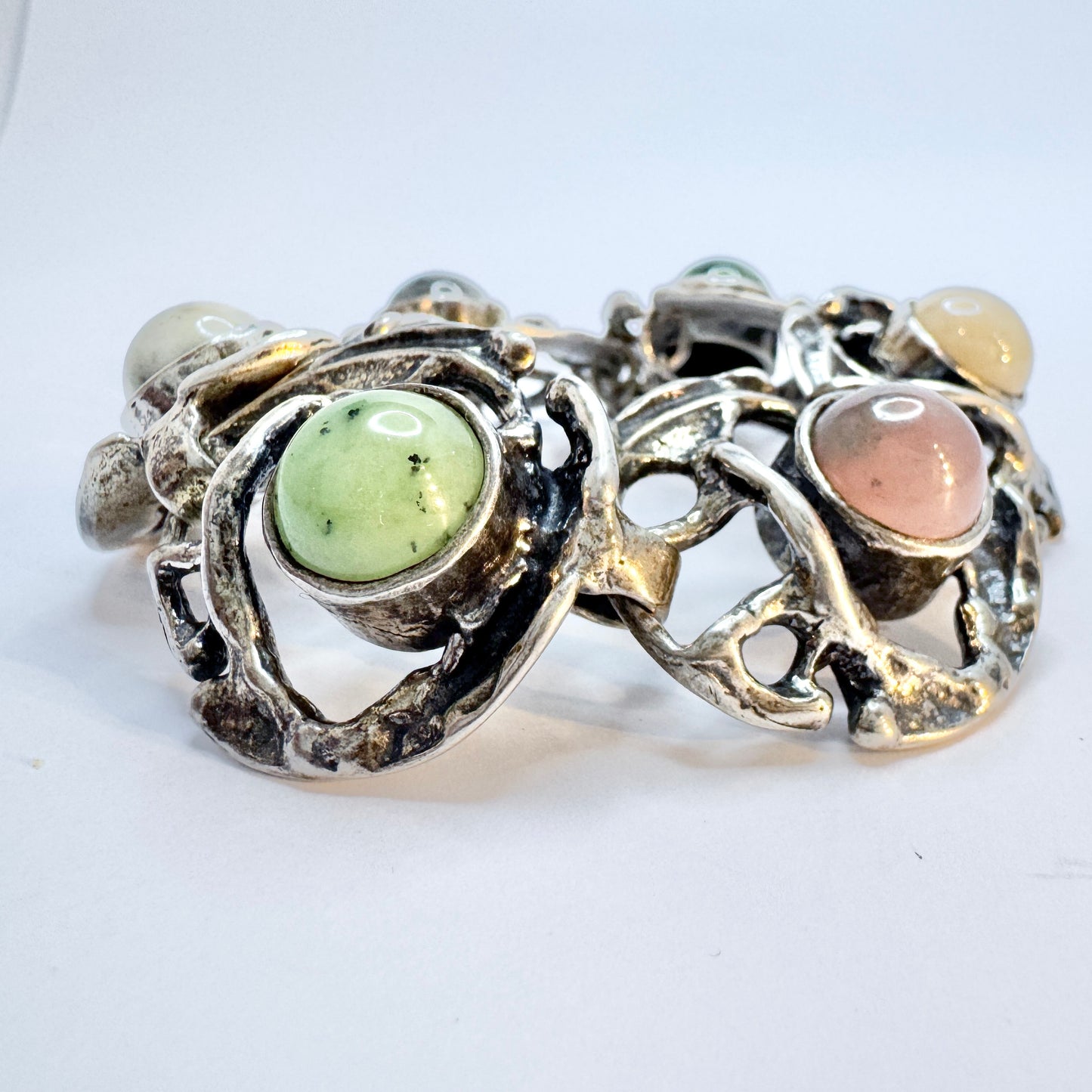 Monika and Burkhard Oly, Germany. Vintage Modernist Brutalist Solid Silver Multi Stone Bracelet