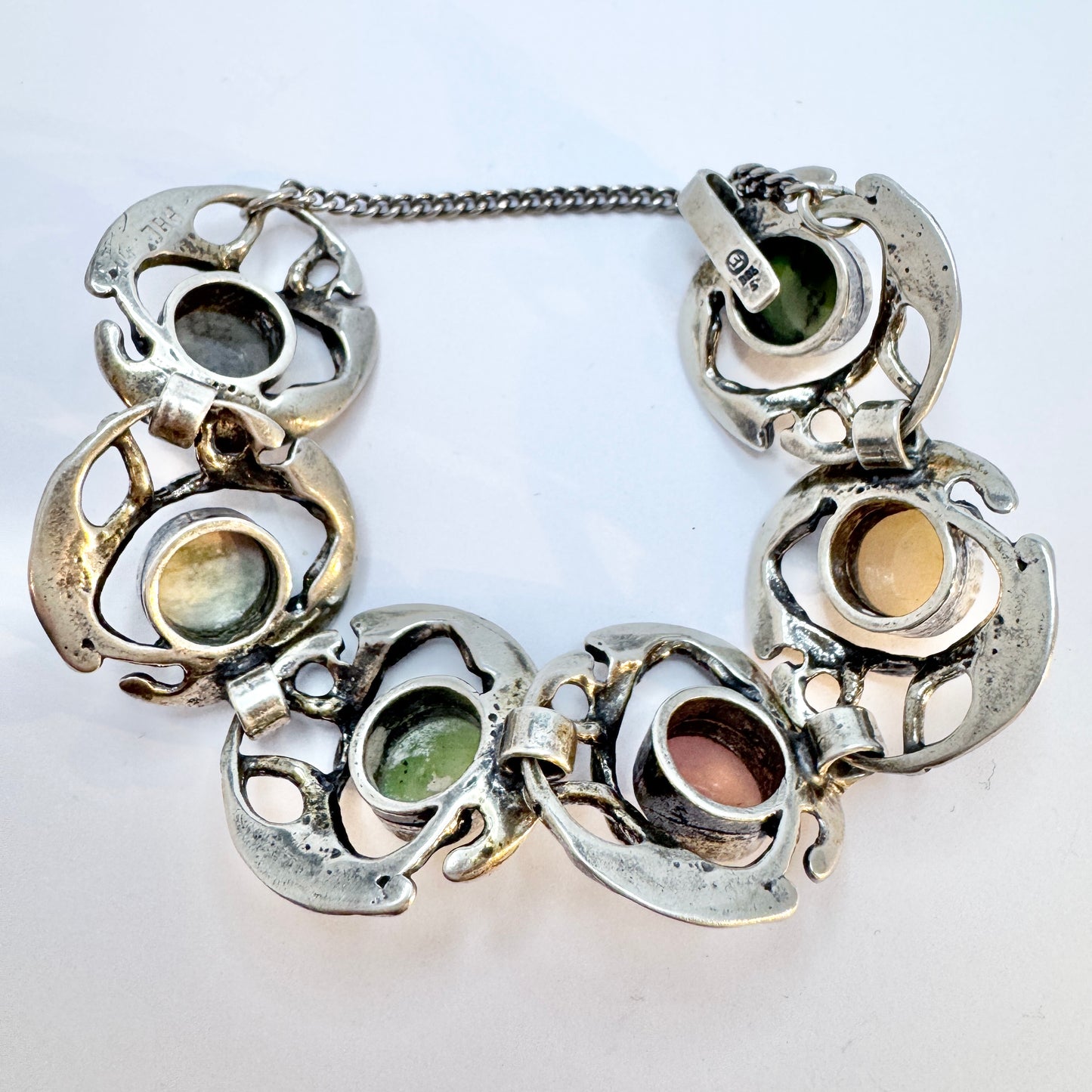 Monika and Burkhard Oly, Germany. Vintage Modernist Brutalist Solid Silver Multi Stone Bracelet