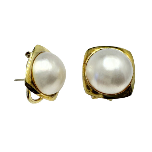 Vintage c 1960s Large 14k Gold Mabe Pearl Earrings.