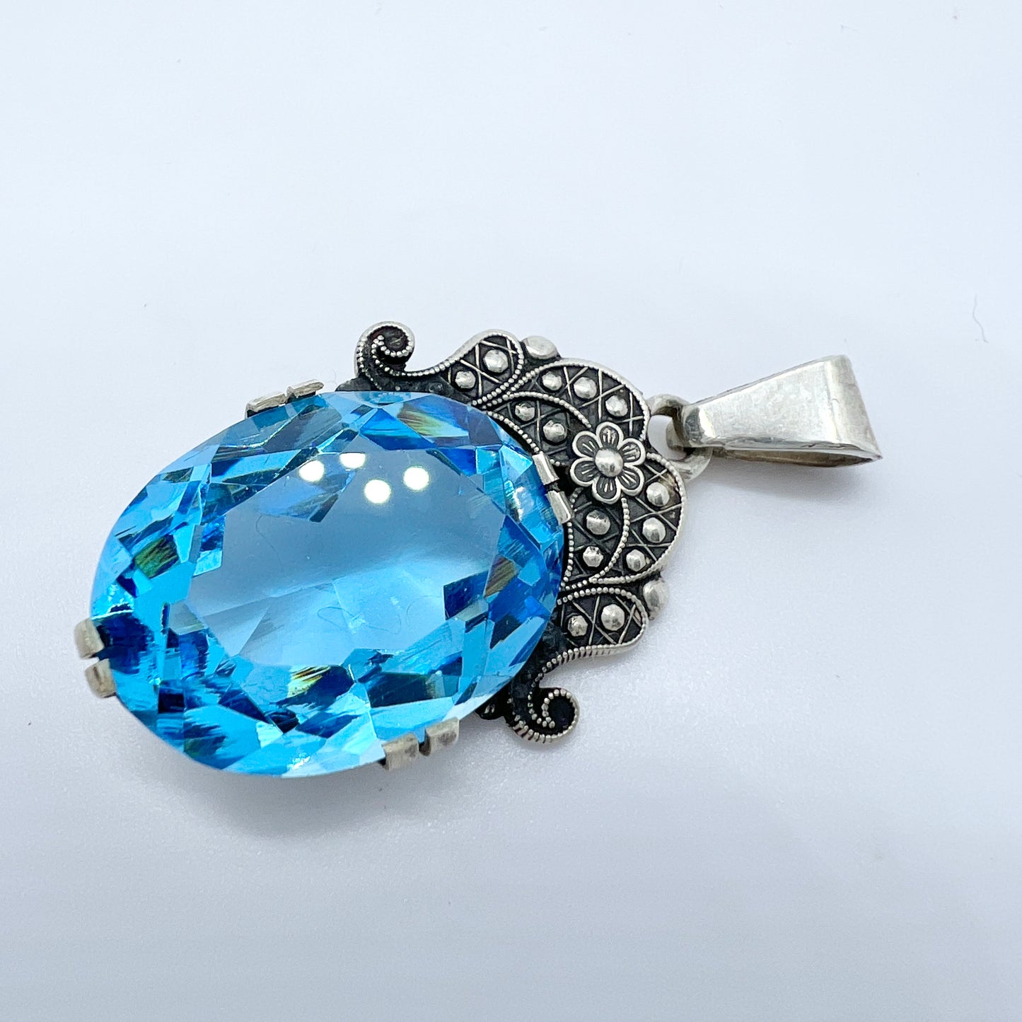 Sweden 1940-50s Sterling Silver Intense Blue Glass Stone Pendant.