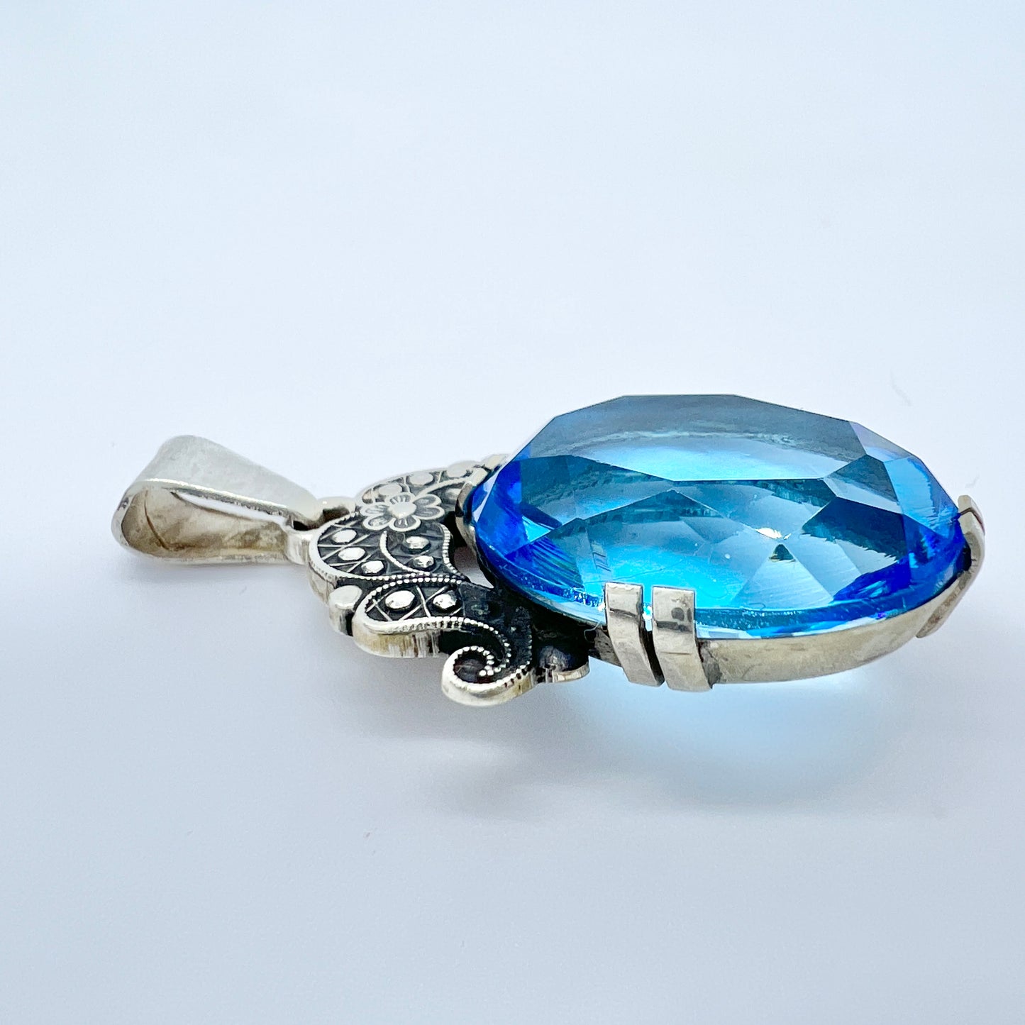 Sweden 1940-50s Sterling Silver Intense Blue Glass Stone Pendant.