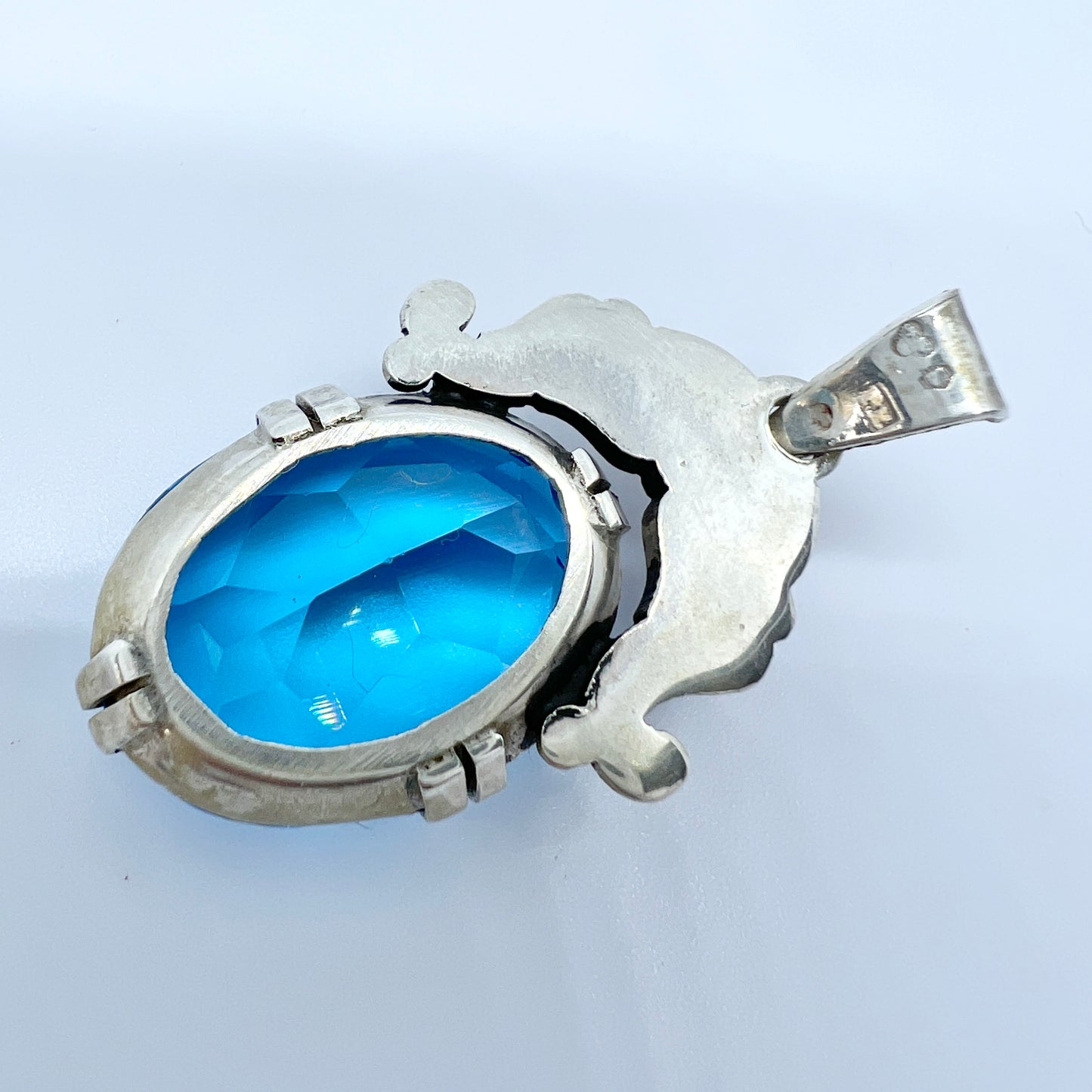 Sweden 1940-50s Sterling Silver Intense Blue Glass Stone Pendant.