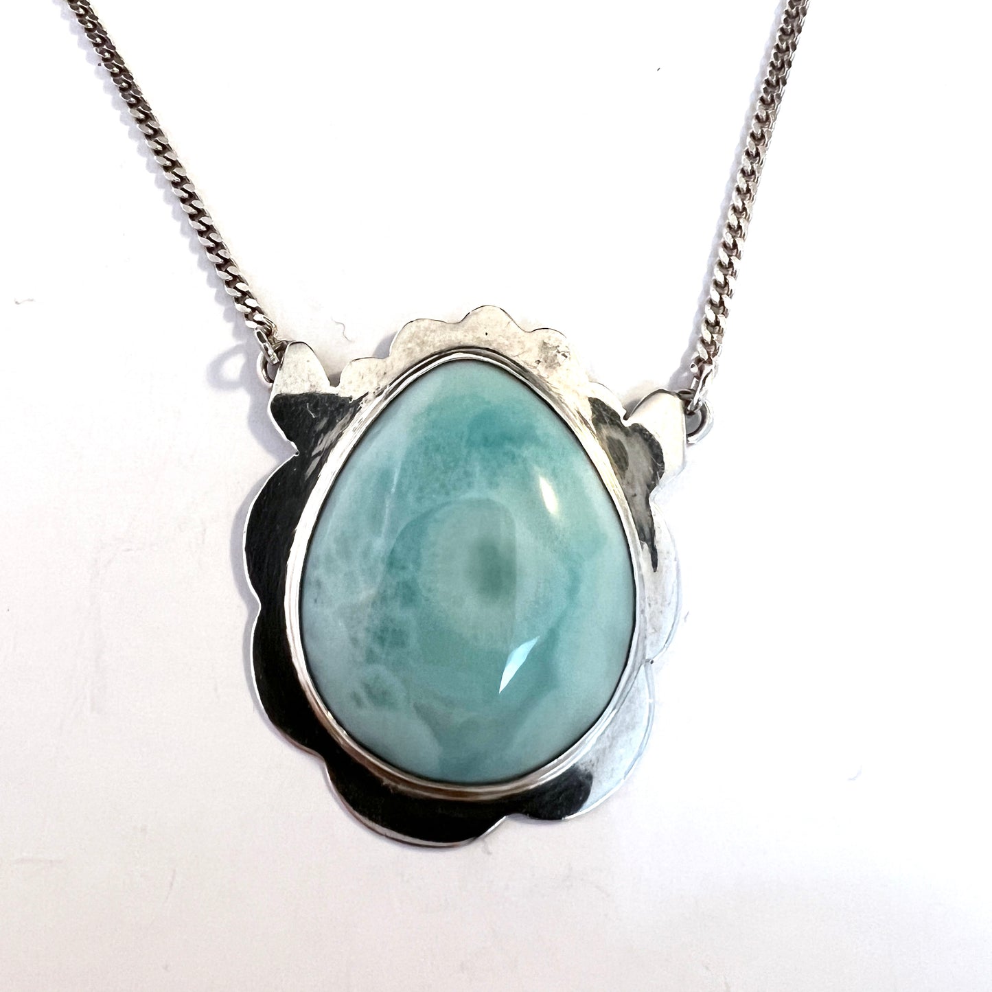 Maker HS. Vintage Sterling Silver Larimar Pendant Necklace.