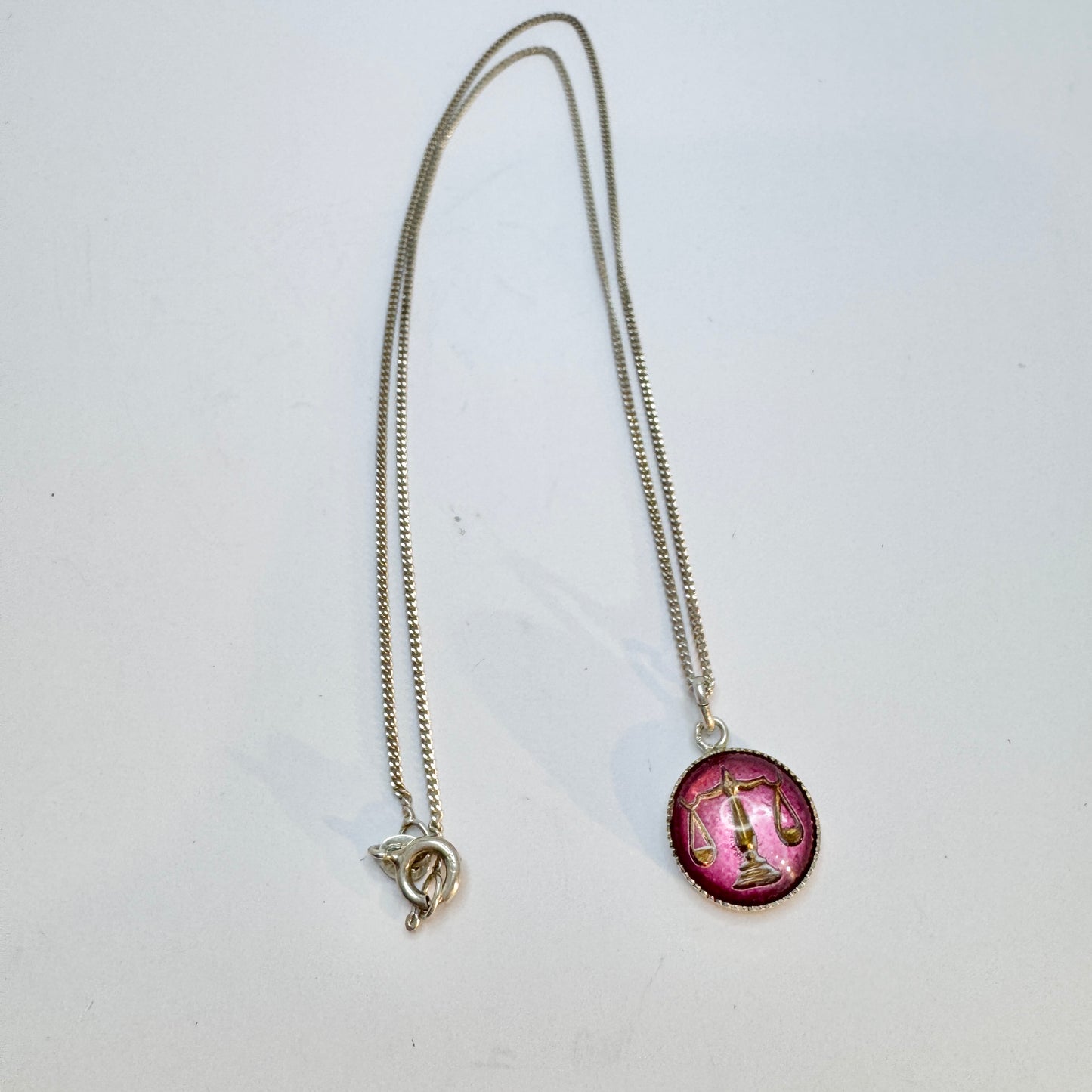 Vintage Solid Silver Enamel Zodiac Libra Pendant Necklace.