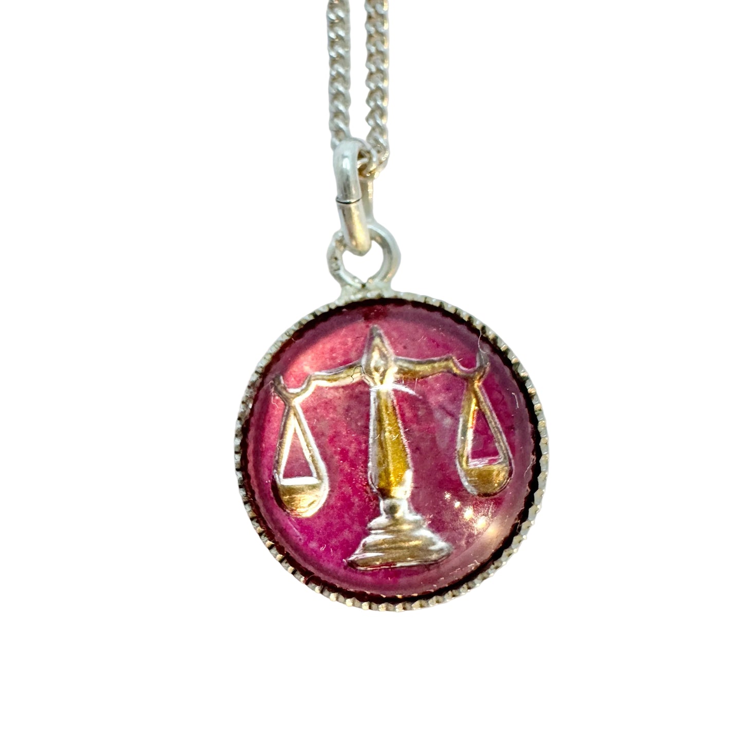 Vintage Solid Silver Enamel Zodiac Libra Pendant Necklace.